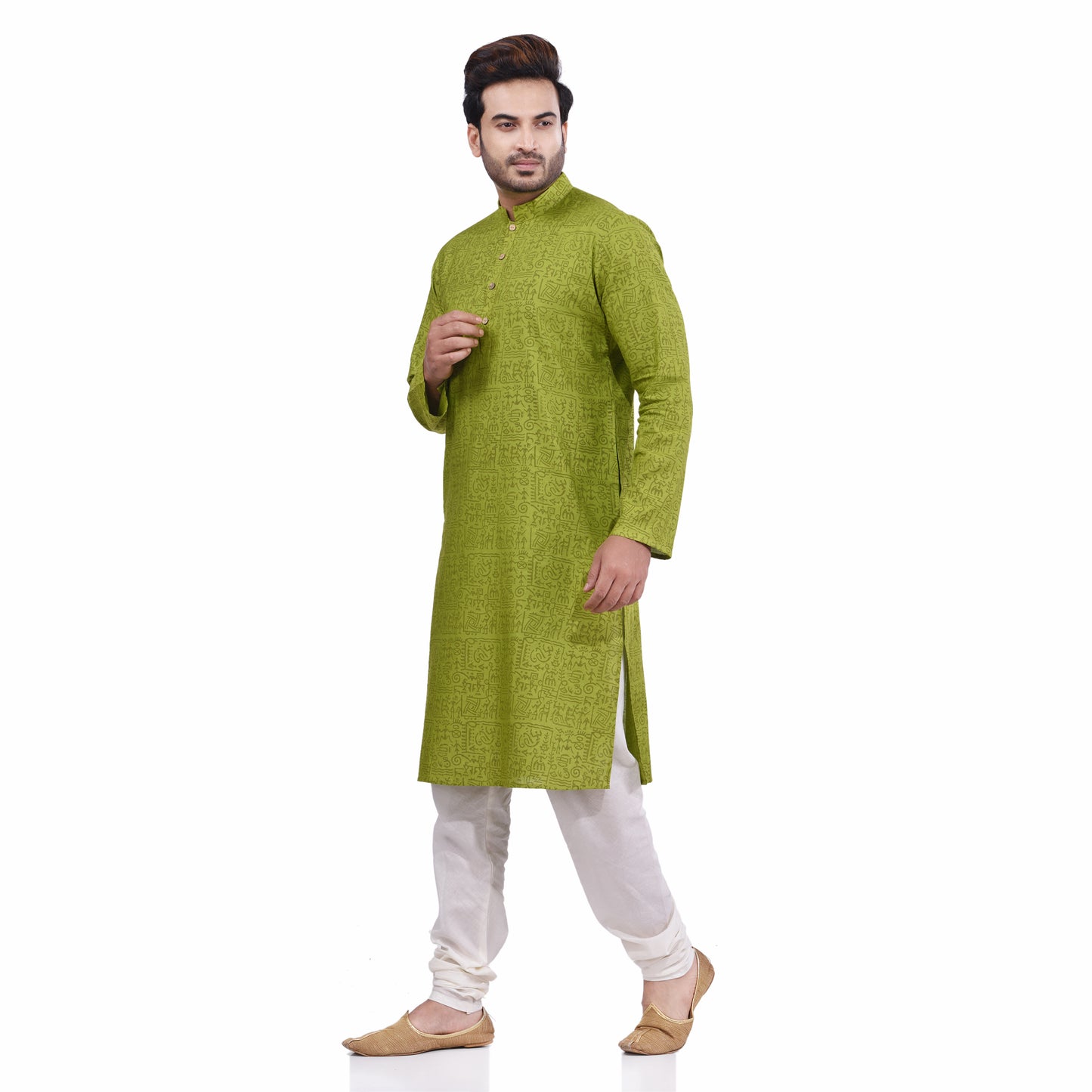 Nakshi Green Cotton Linen Hand Block Print Men's Long Kurta