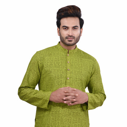 Nakshi Green Cotton Linen Hand Block Print Men's Long Kurta