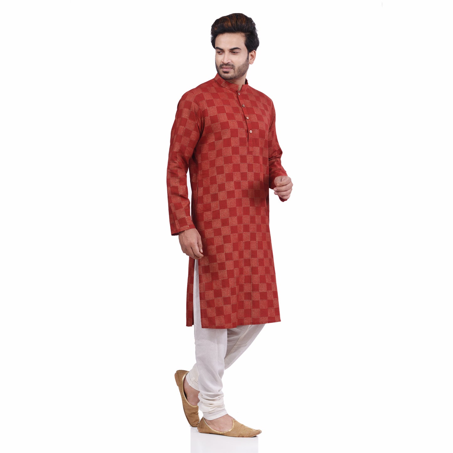Nakshi Red Cotton Linen Hand Block Print Men's Long Kurta