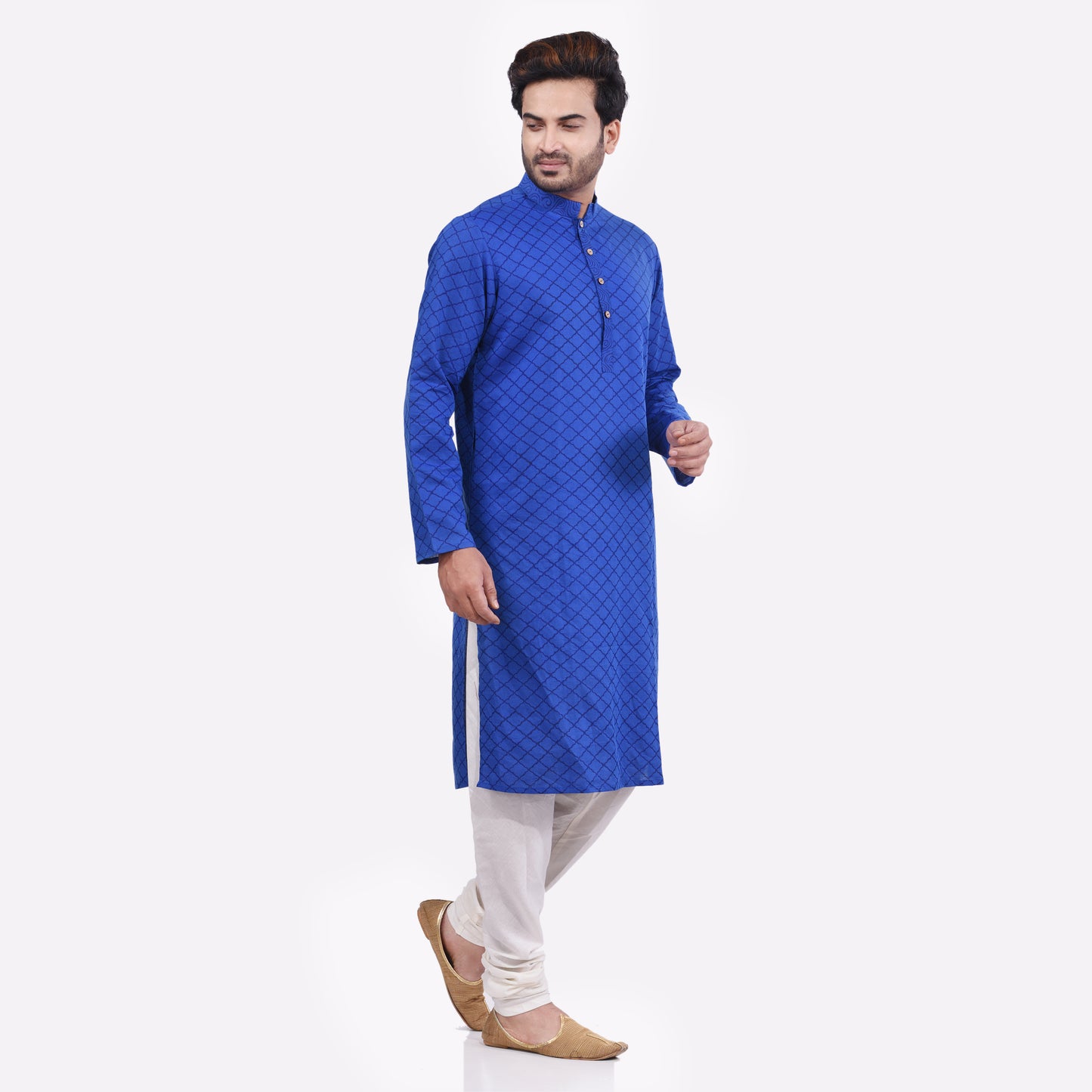 Nakshi Royal Blue Cotton Linen Hand Block Print Men's Long Kurta