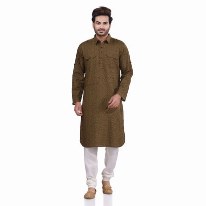 Nakshi Olive Green Cotton Linen Hand Block Print Men's Long Kurta