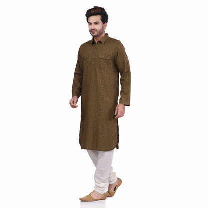 Nakshi Olive Green Cotton Linen Hand Block Print Men's Long Kurta