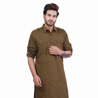 Nakshi Olive Green Cotton Linen Hand Block Print Men's Long Kurta