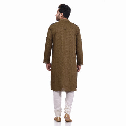 Nakshi Olive Green Cotton Linen Hand Block Print Men's Long Kurta