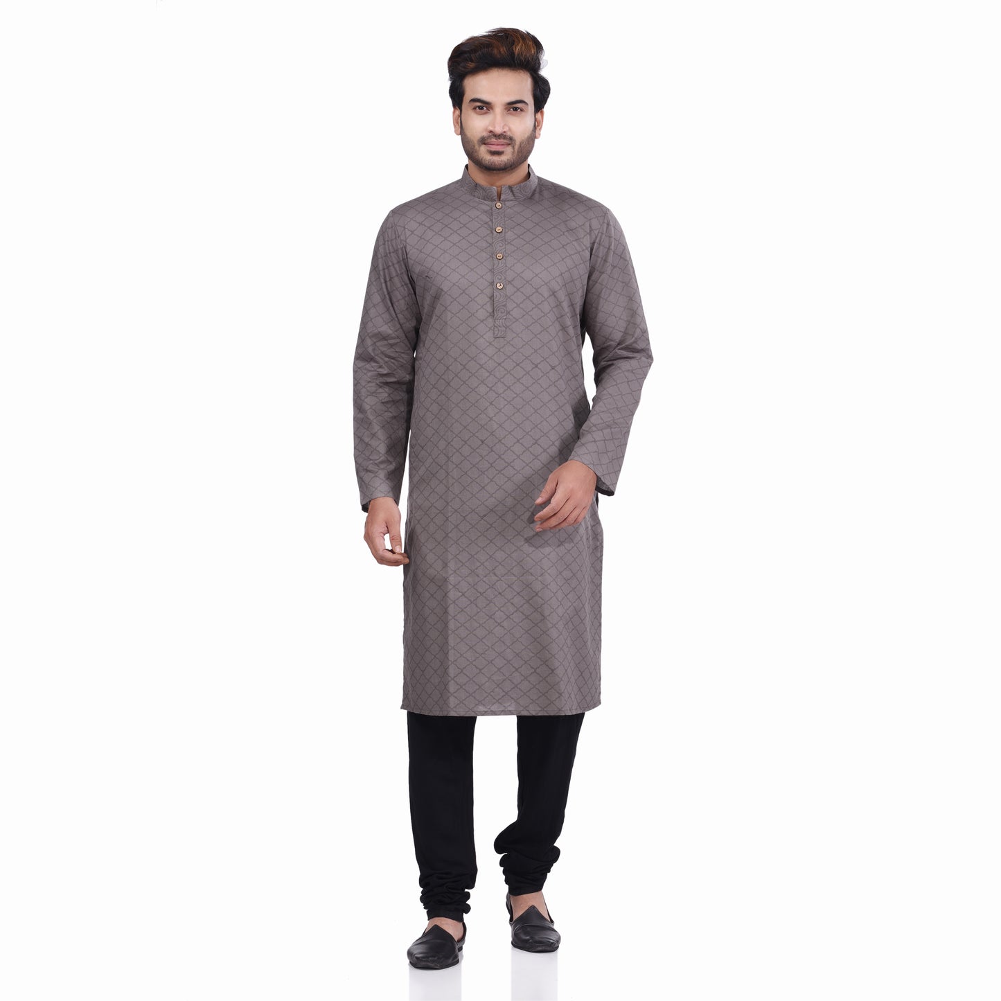 Nakshi Grey Cotton Linen Hand Block Print Men's Long Kurta