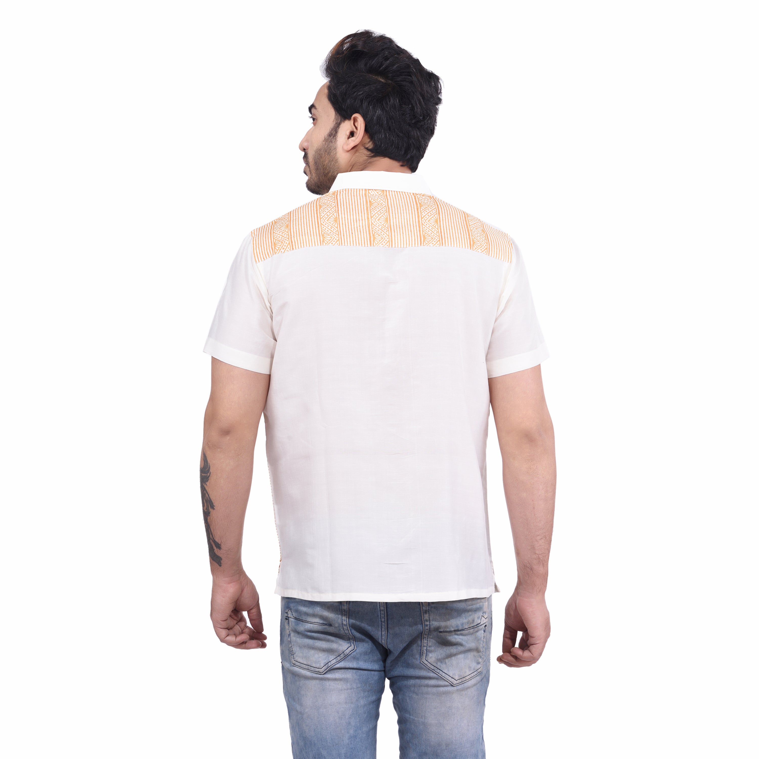 White Tussar Cotton Hand Block Print Men's Half Shirt