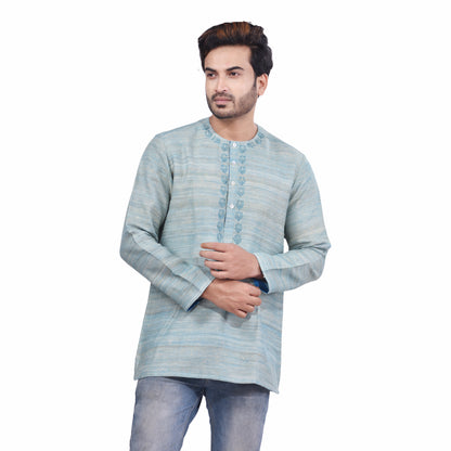 Nakshi Powder Blue Tussar Ghichha Thread Embroidery Men's Short Kurta