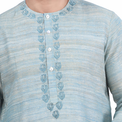 Nakshi Powder Blue Tussar Ghichha Thread Embroidery Men's Short Kurta