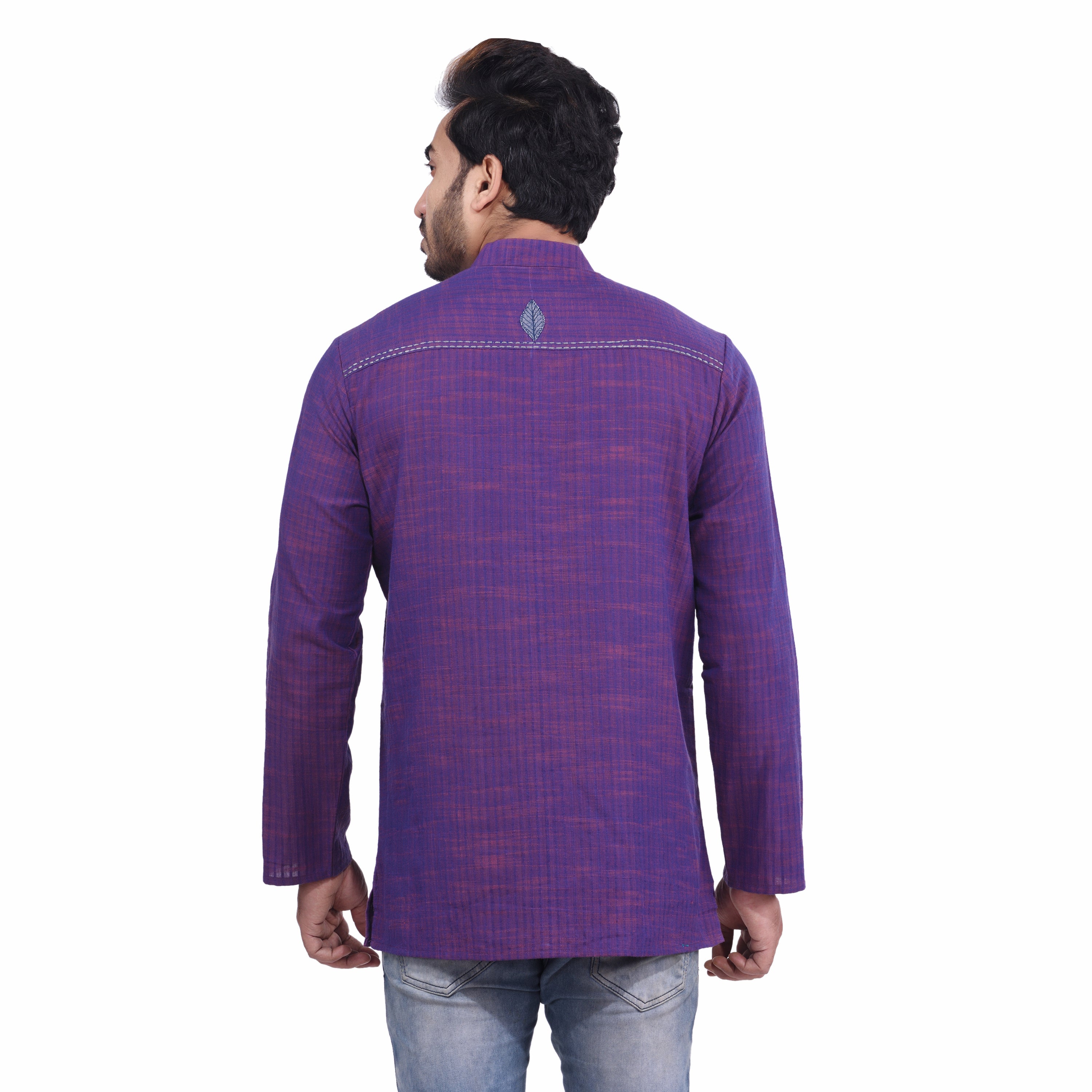 Purple Handloom Cotton self Stripe Patch work Men's Short Kurta
