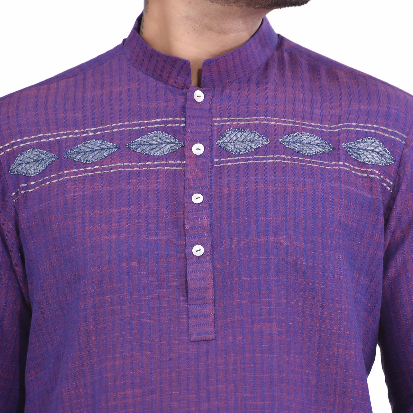 Nakshi Purple Handloom Cotton Self Stripe Patch Work Men's Short Kurta