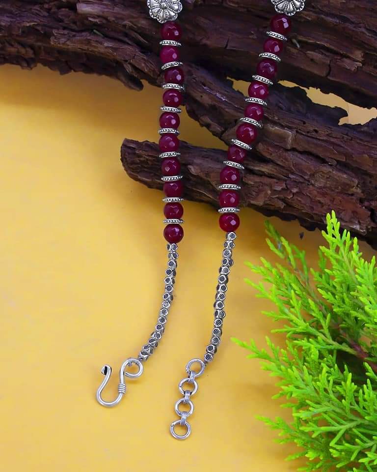 Nakshi Necklace & Earrings Set With Maroon Onyx And German Silver