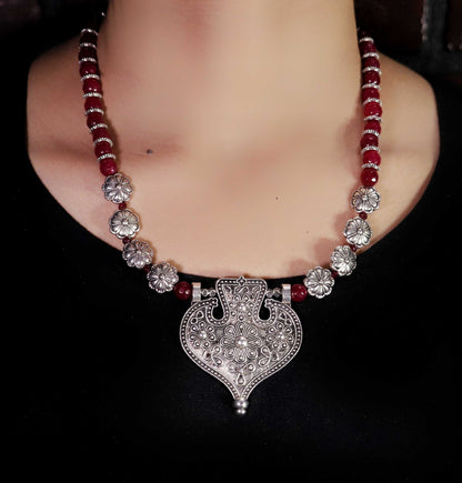 Nakshi Necklace & Earrings Set With Maroon Onyx And German Silver