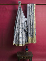Load image into Gallery viewer, Blue Floral Printed Silk Chanderi Saree With Zari Embroidery &amp; Dabka Work
