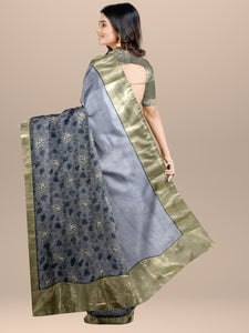 Blue Floral Printed Silk Chanderi Saree With Zari Embroidery & Dabka Work