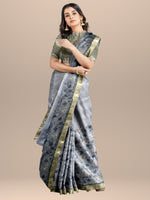 Load image into Gallery viewer, Blue Floral Printed Silk Chanderi Saree With Zari Embroidery &amp; Dabka Work
