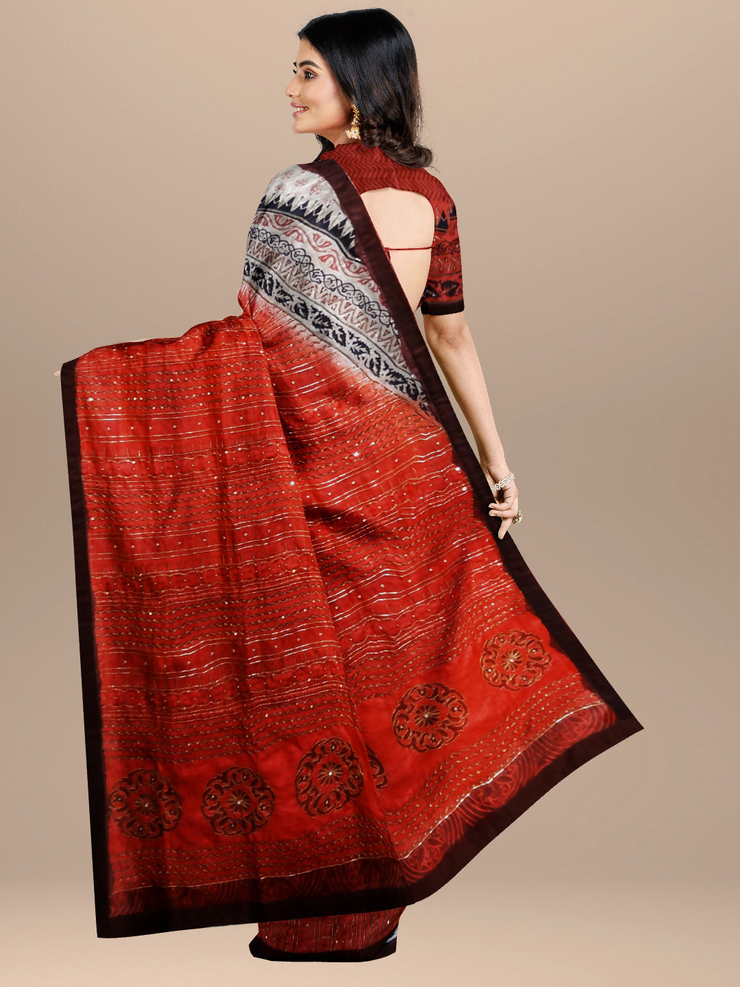 Off-White And Crimson Red Tussar-Silk Saree With Zari Embroidery And Dabka Work