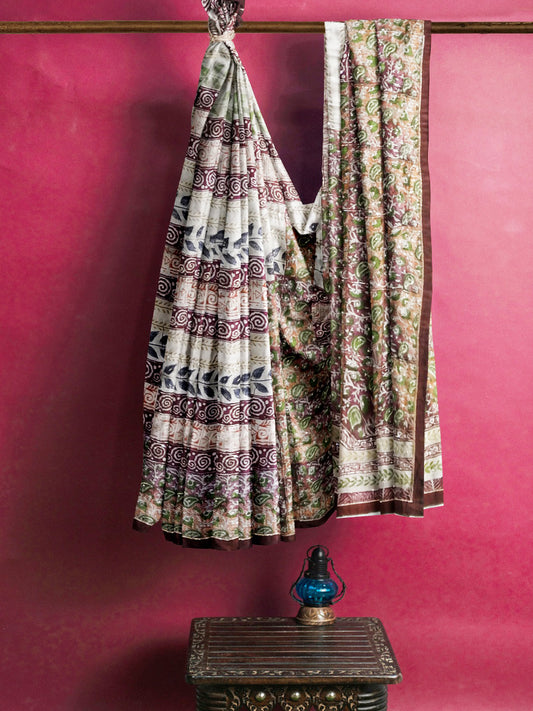 Nakshi Beige Paisley Hand Printed Tussar Silk Saree With Maroon Border & Zari Embroidery And Dabka Work