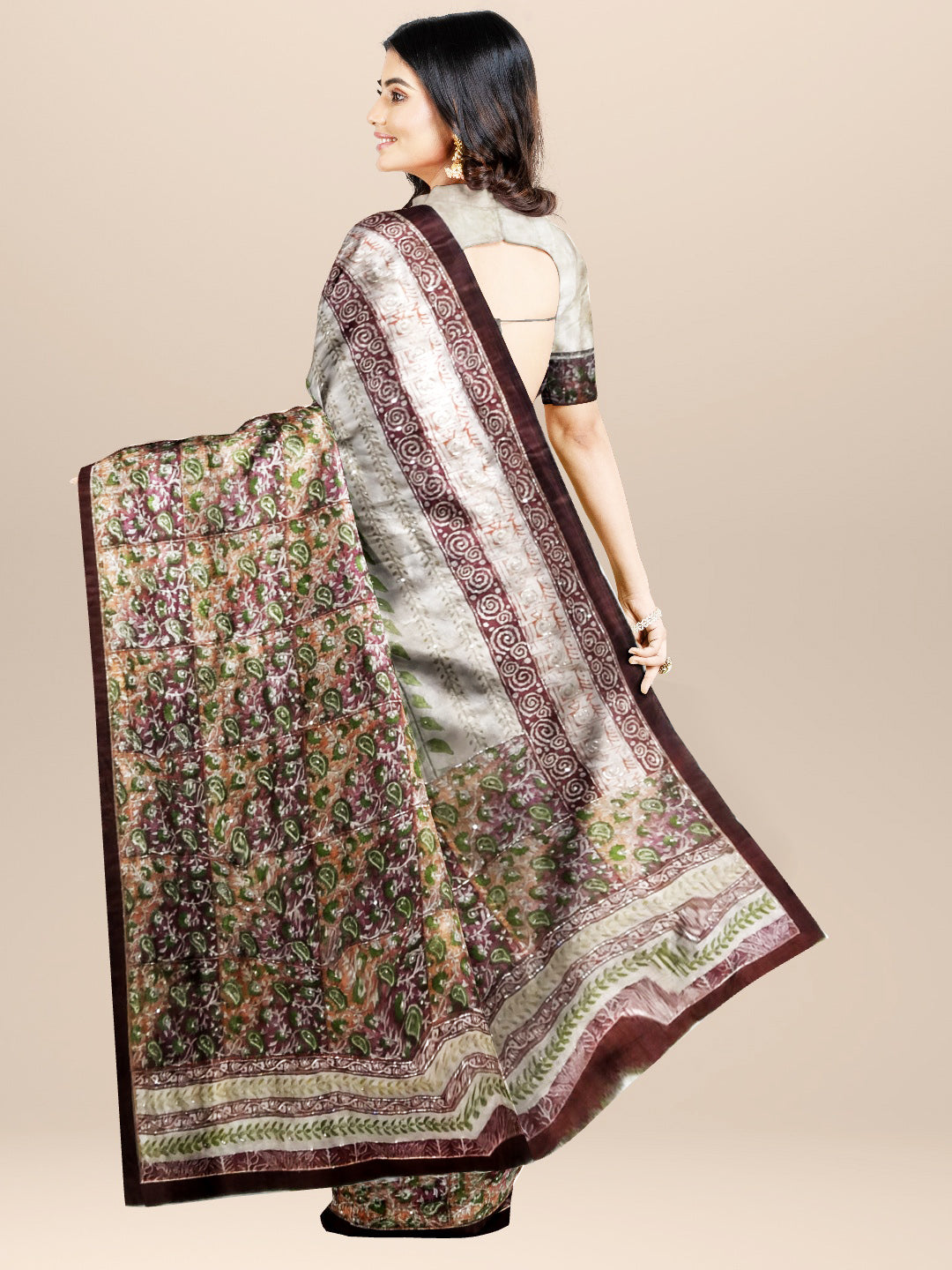 Beige Paisley Printed Tussar-Silk Saree With Zari Embroidery