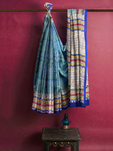 Blue Geometric Printed Tussar-Silk Saree With Zari Embroidery