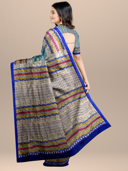 Nakshi Blue Geometric Hand Printed Tussar Silk Saree With Zari Embroidery & Dabka Work