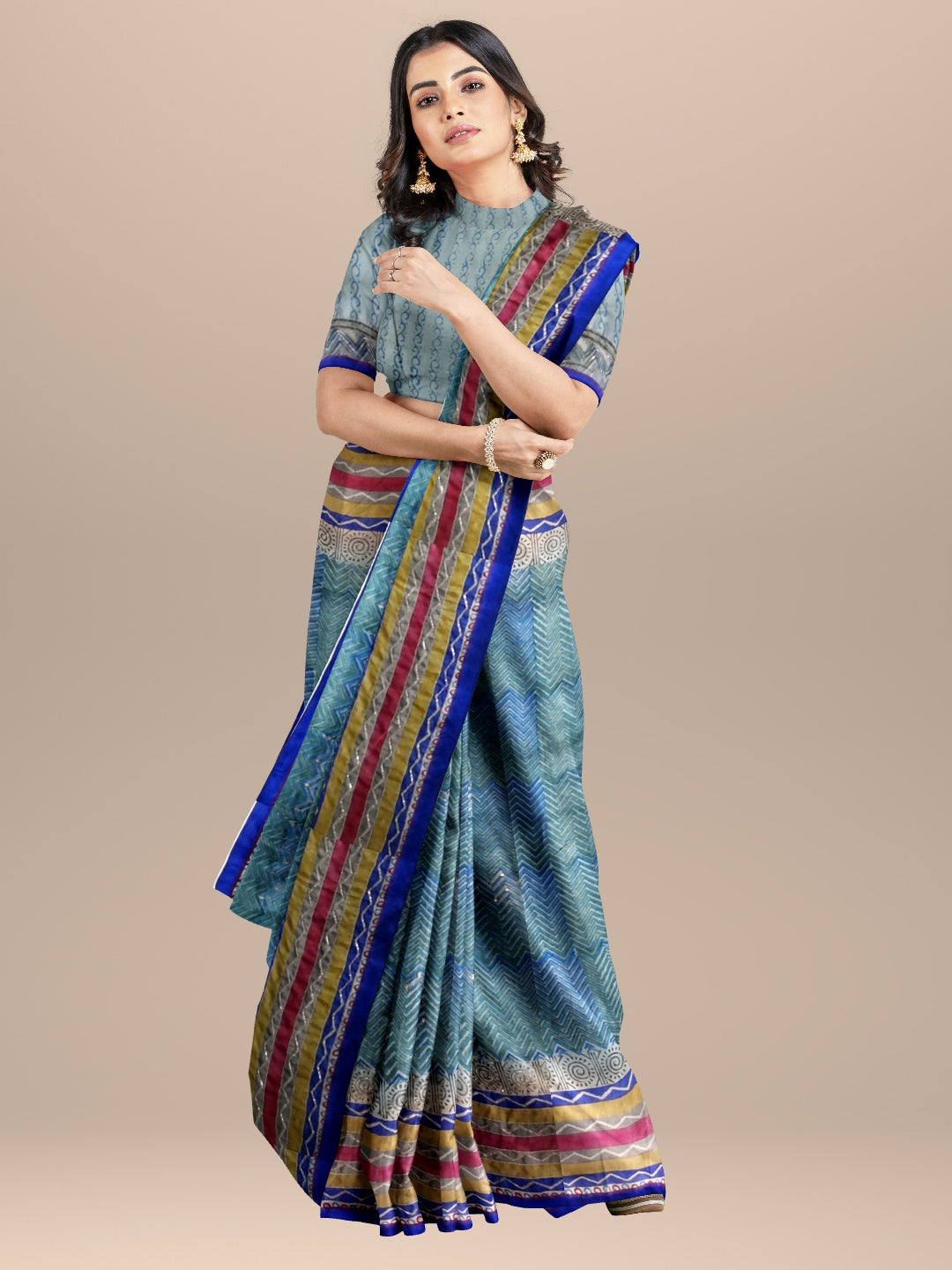 Nakshi Blue Geometric Hand Printed Tussar Silk Saree With Zari Embroidery & Dabka Work