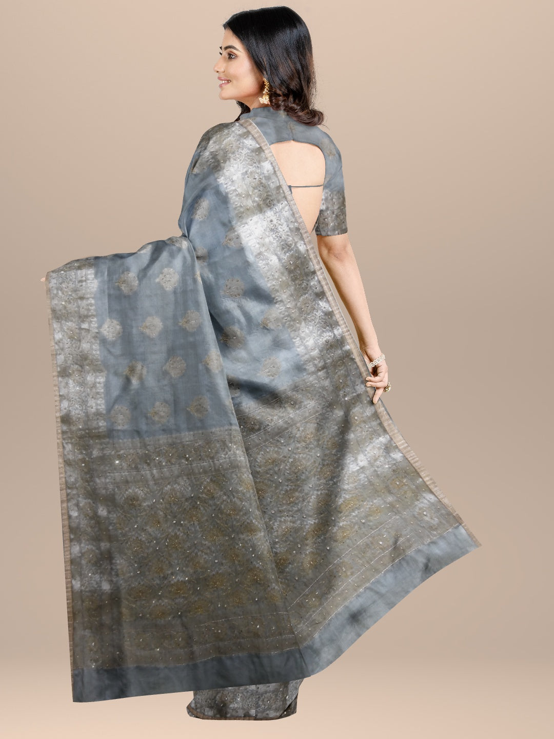 Powder Blue Silk Brocade Saree With Zari Embroidery & Dabka Work