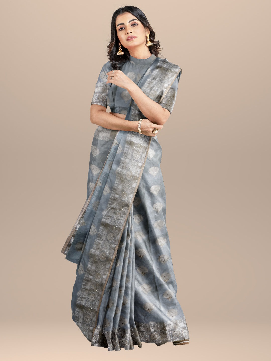 Nakshi Hand Crafted Powder Blue Silk Brocade Saree With Zari Embroidery & Dabka Work