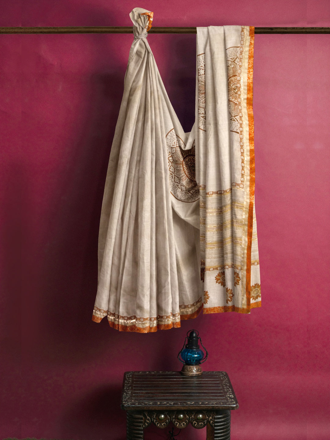 Beige Hand Block Printed Tussar Silk Saree With Golden Zari Embroidery
