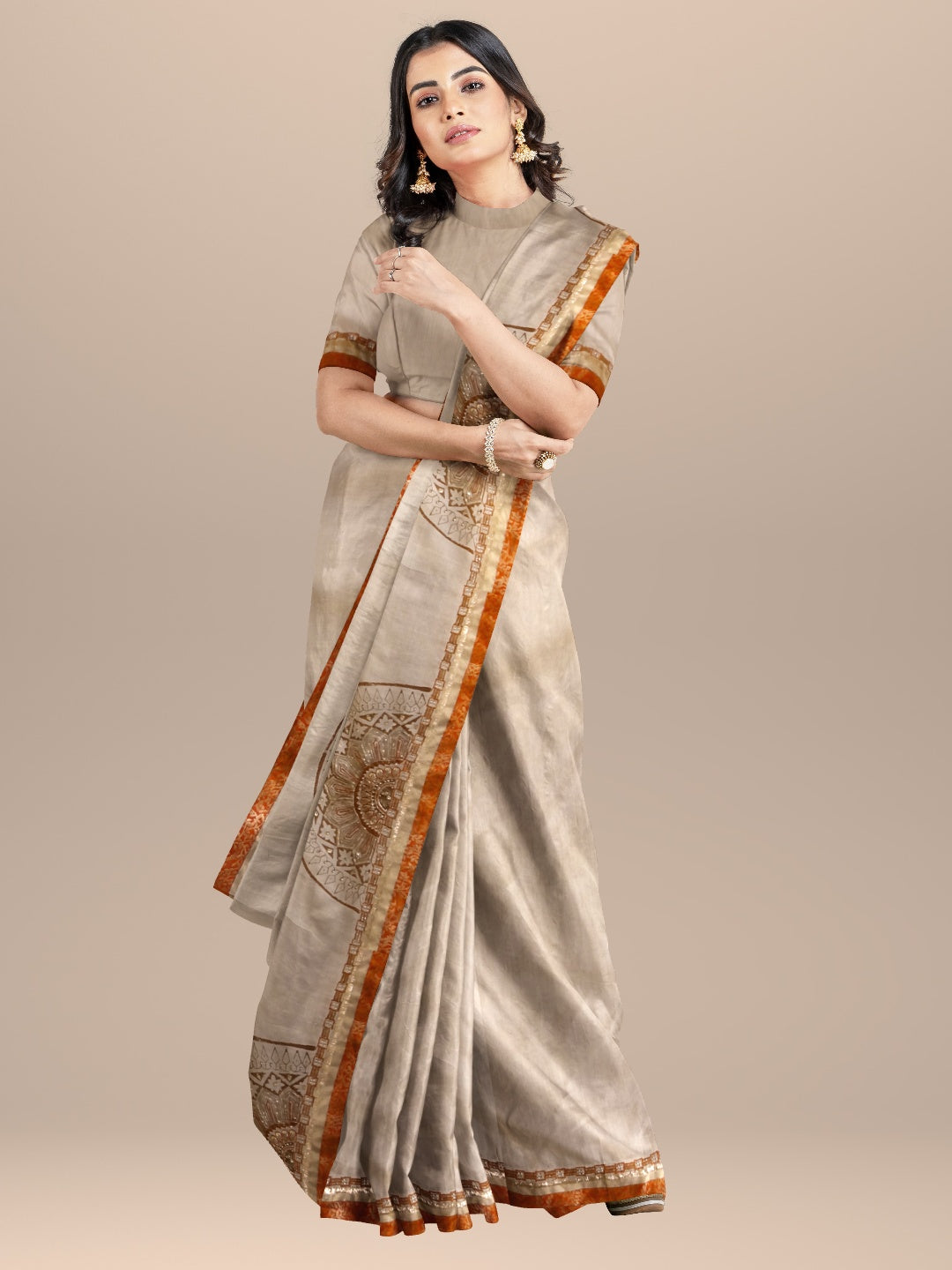 Nakshi Beige Hand Block Printed Tussar Silk Saree With Golden Zari Embroidery & Dabka Work