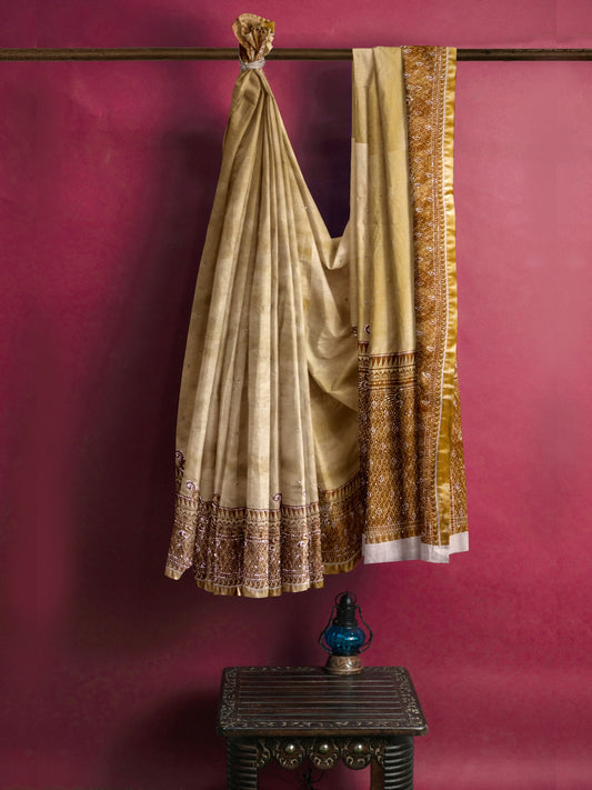 Nakshi Dark Beige Hand Printed Silk Brocade Saree With Zari Embroidery & Dabka Work