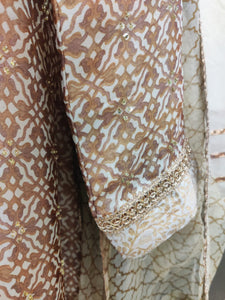 Women Brown & Ivory Organza Embroidered Long Kurta Set