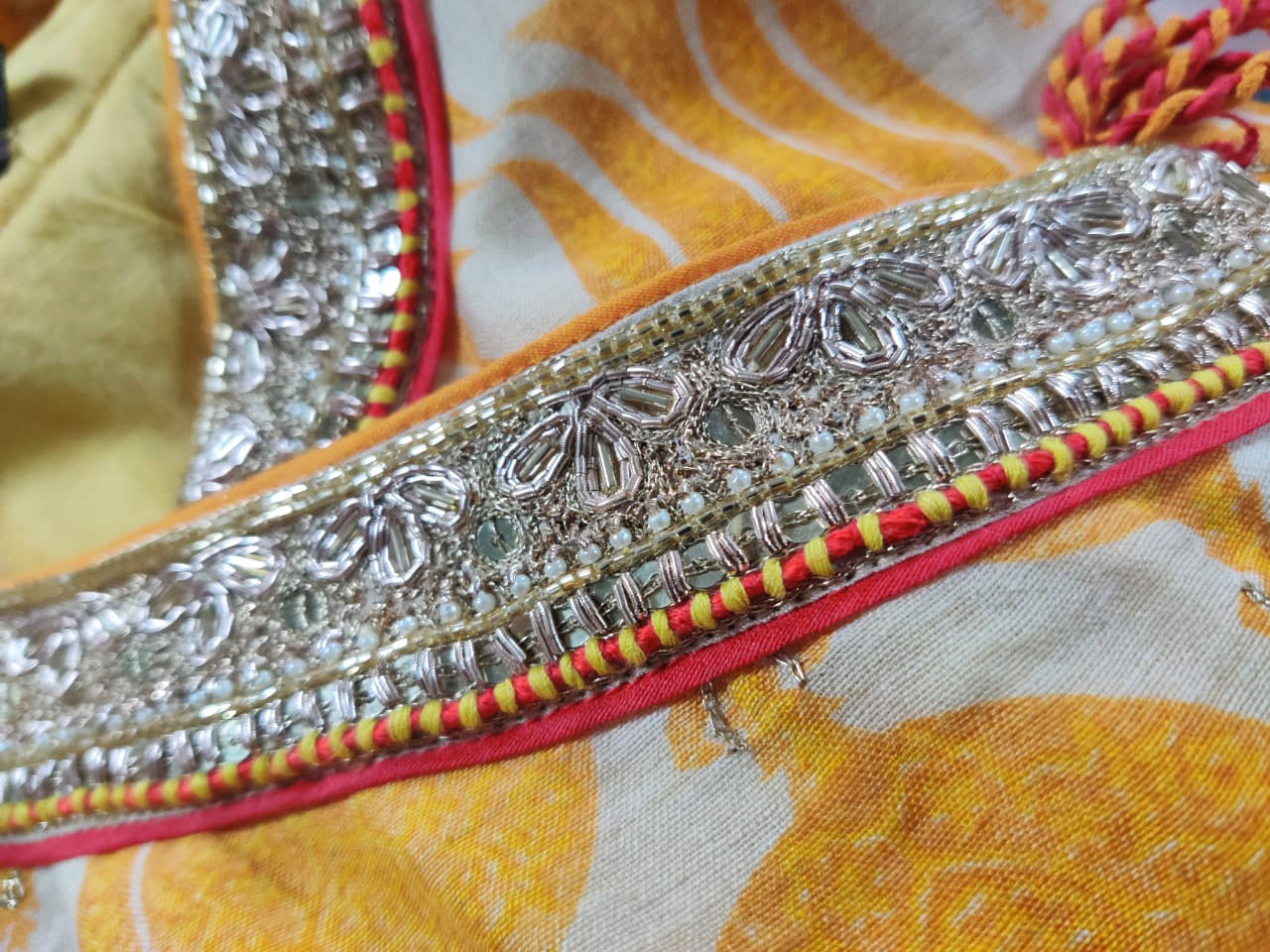 Yellow Printed Tussar Muga Hand Embroidered Zardozi Angrakha Kurta Set