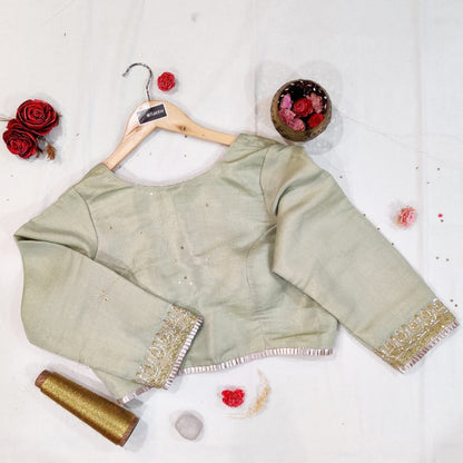 Nakshi Hand Crafted Pastel Green Silk Brocade Saree With Zari Embroidery & Dabka Work Border