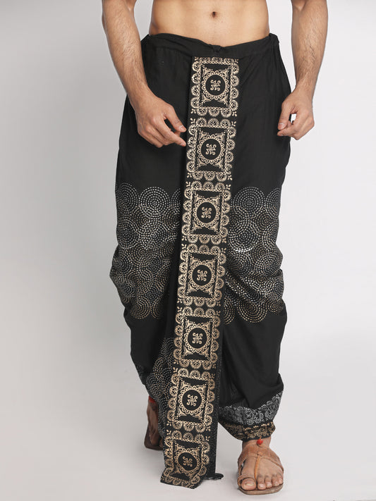 Nakshi Black Rayon Ethnic Pattern Hand Block Print Dhoti