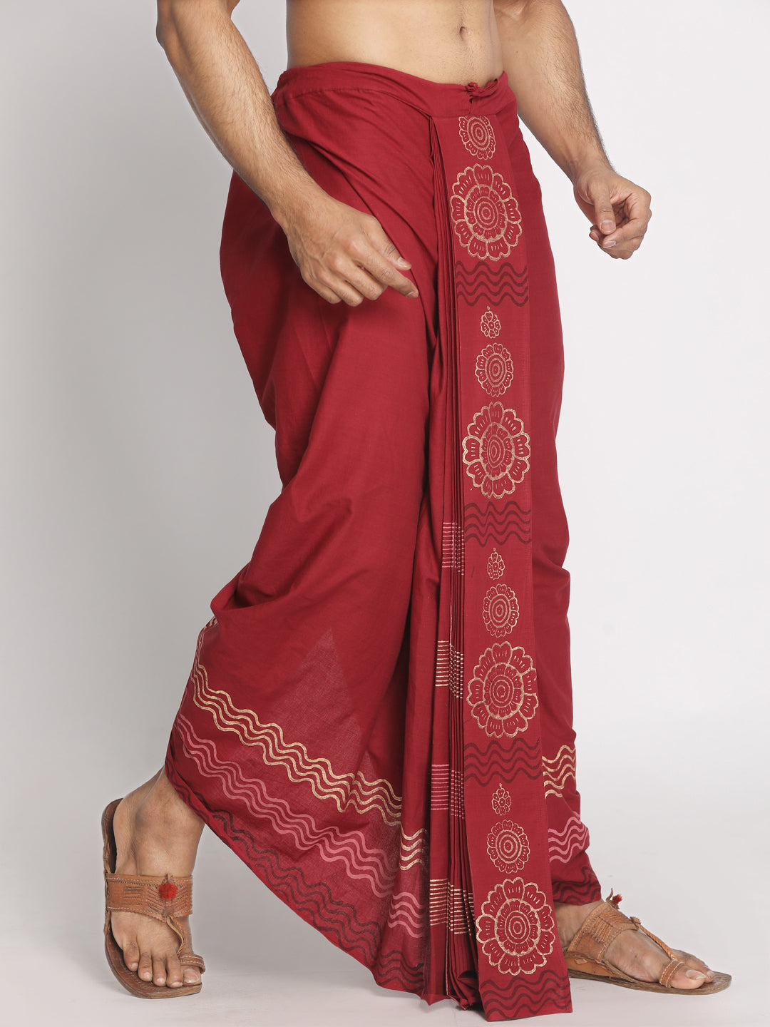 Maroon Pure Cotton Floral Pattern Hand Block Print Dhoti